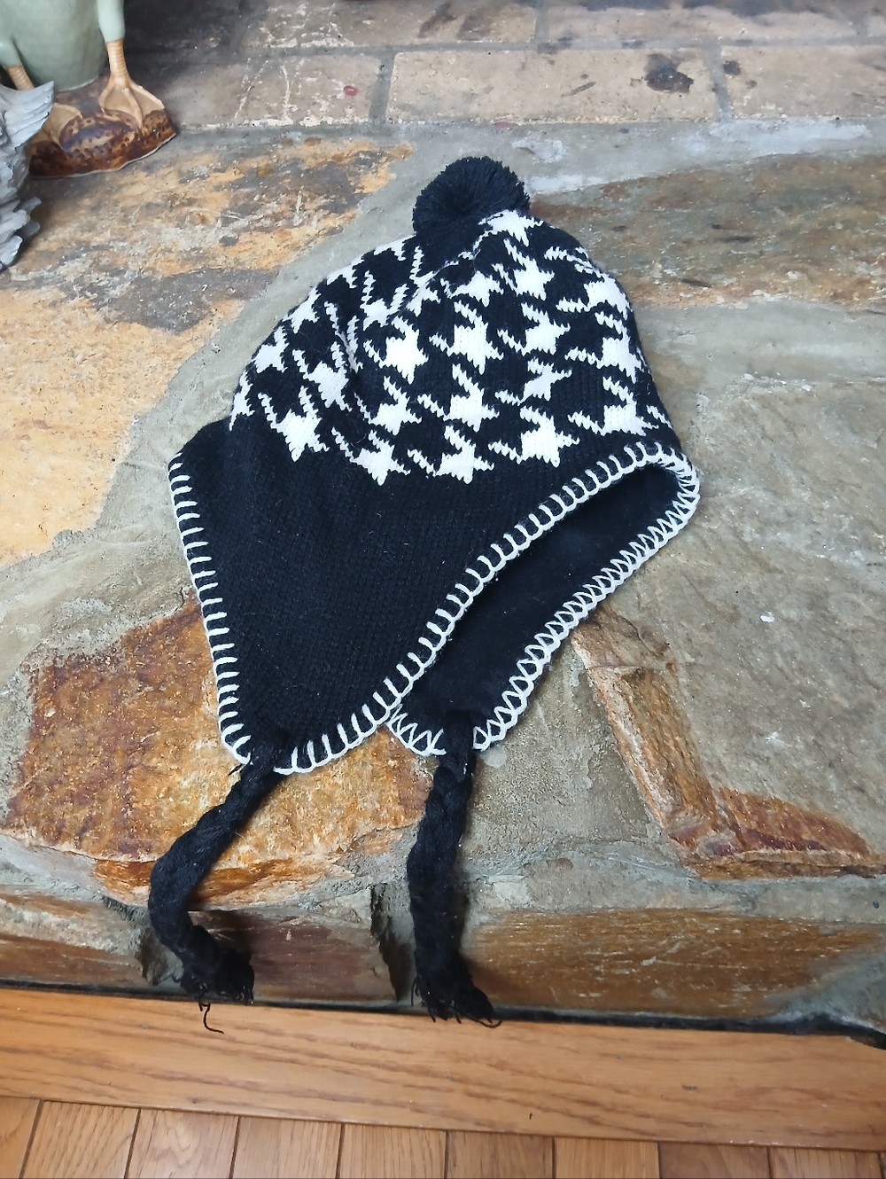 Black & White Pom-Pom Earflap Hat for Kids